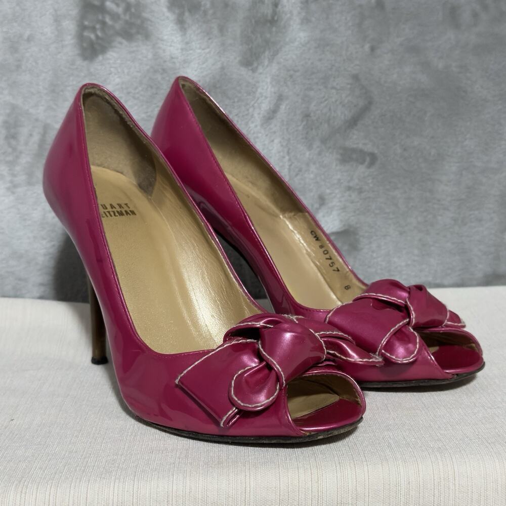 Stuart Weitzman Patent‎ Leather Woodbow Peep Toe Pumps Womens Sz 8 Pink Coquette